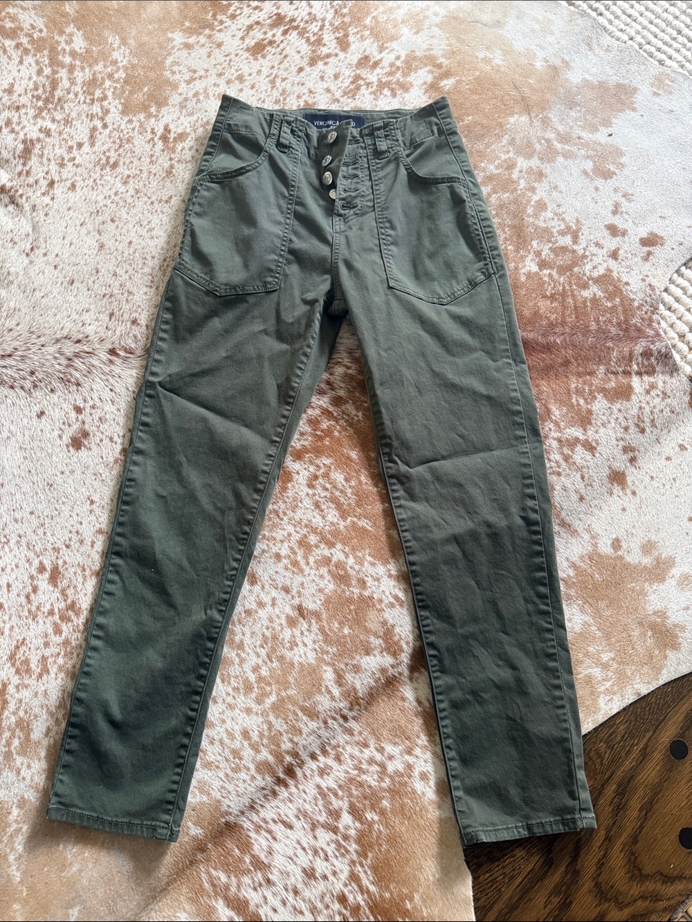 Veronica Beard Olive Green Button-Fly Utility Pants